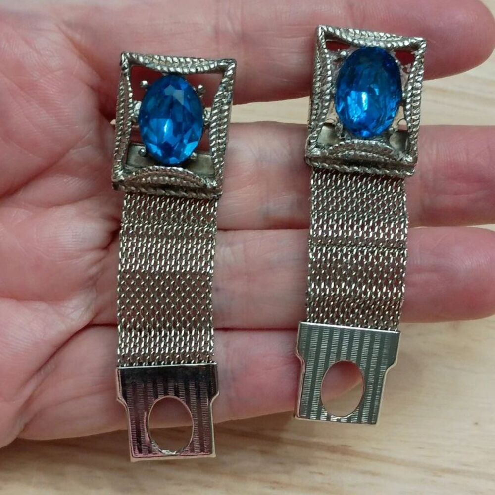 Men's Vintage Silver-Tone Blue Crystal Stones Mesh Wrap Cufflinks Set
